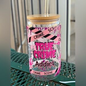 True Crime Addict Glass Tumbler with Straw